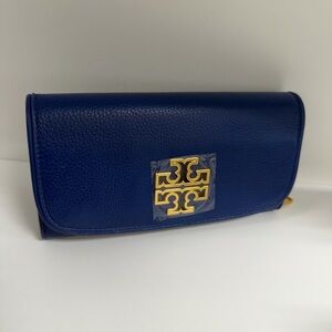 NEW Tory Burch Blue Leather Clutch with Gold Logo